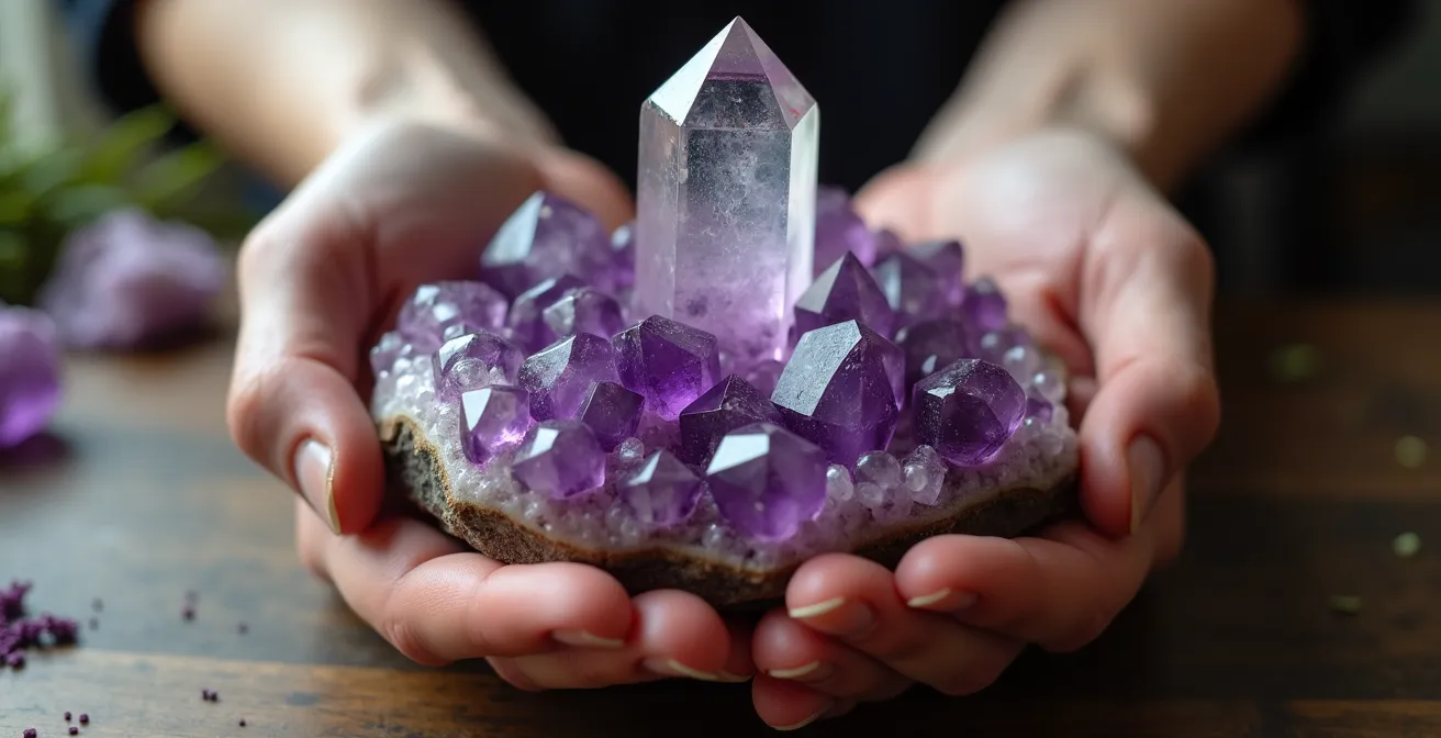 Mani che tengono delicatamente un cristallo mentre tracciano simboli energetici con punta di quarzo