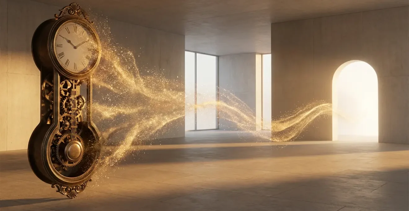 Orologio che si dissolve in particelle cosmiche rappresentando il tempo fluido