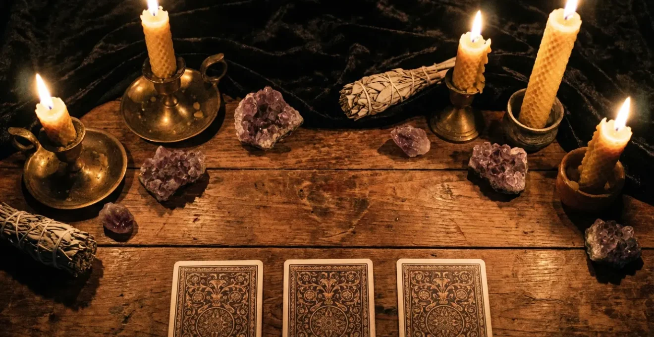 Lettura di tre carte dei tarocchi disposte su un tavolo con candele e cristalli