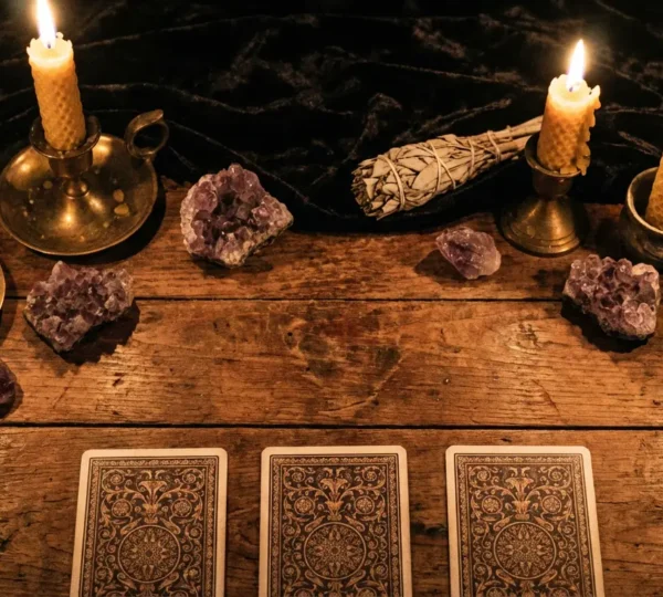 Lettura di tre carte dei tarocchi disposte su un tavolo con candele e cristalli
