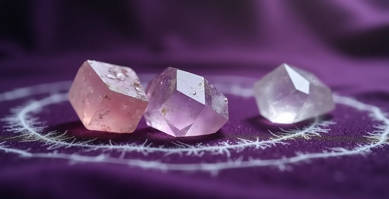 Tre cristalli colorati disposti su un panno di velluto con un cerchio tracciato per la divinazione