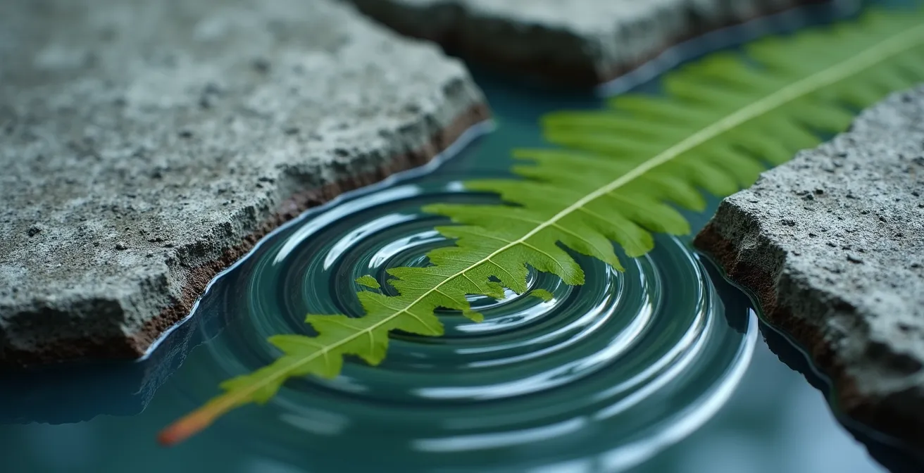 Dettaglio ravvicinato di elementi naturali che evocano i trigrammi: venature del legno, increspature dell'acqua e texture della pietra