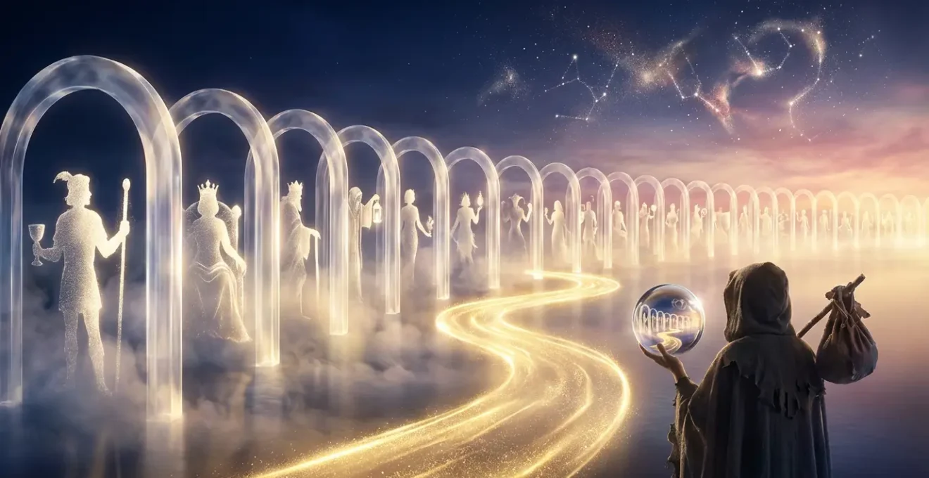 Rappresentazione simbolica del viaggio iniziatico del Matto attraverso i 22 Arcani Maggiori dei Tarocchi